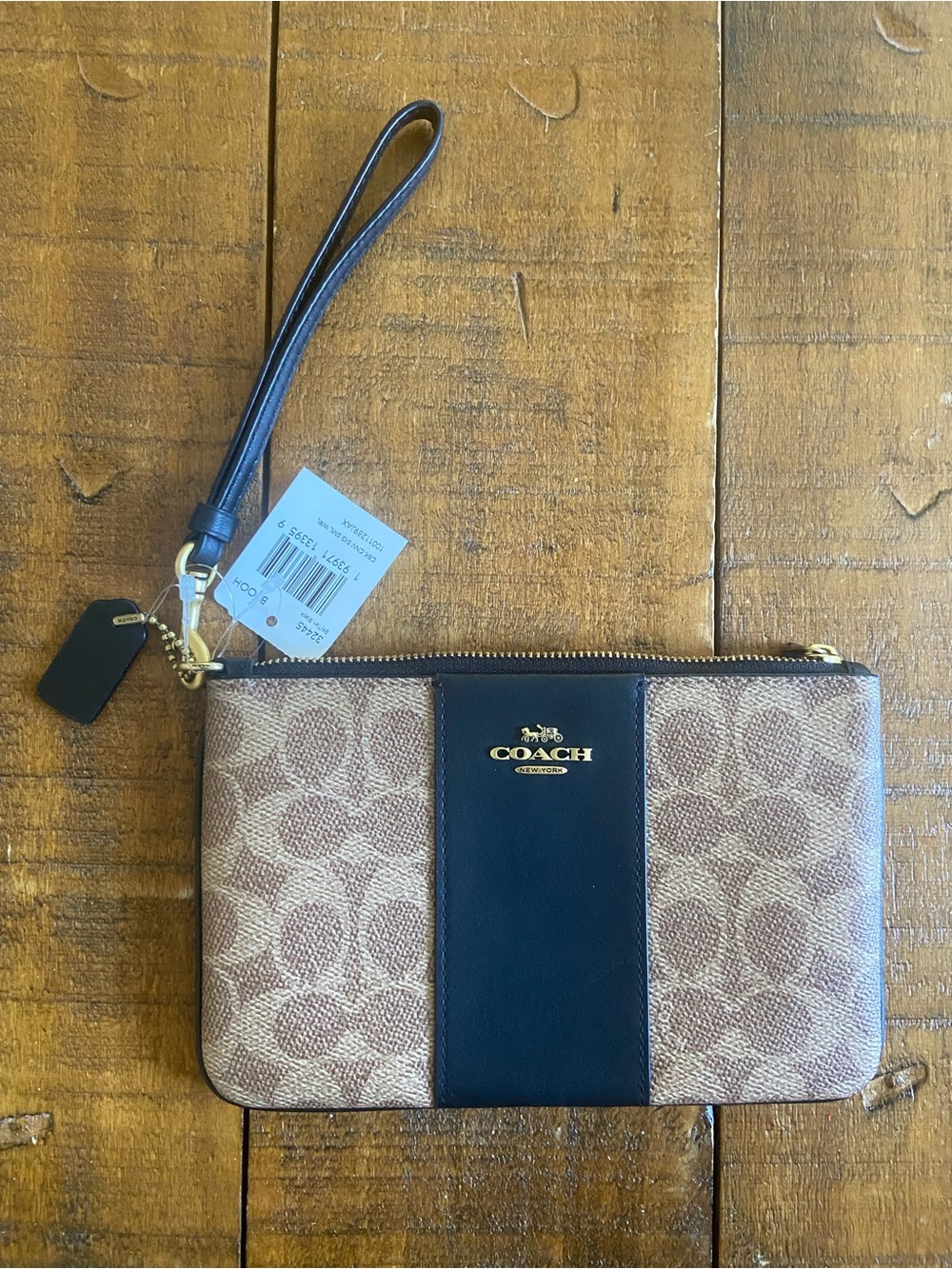 Coach Tan Signature Canvas Wristlet with Brown Trim and Gold Hardware NWT